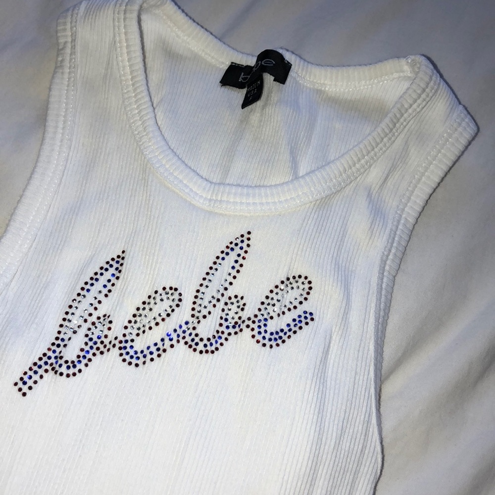 red white and blue rhinestoned bebe tank top